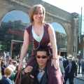 Helen on Chiok's shoulders outside the Anchor.