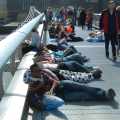 Everyone lies down for a rest halfway across the bridge.