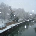 Snow falling on the River Avon, out the back of Bath Spa station.