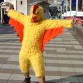 Huseyin dressed as a chicken enjoying the brief sunshine in Birmingham.